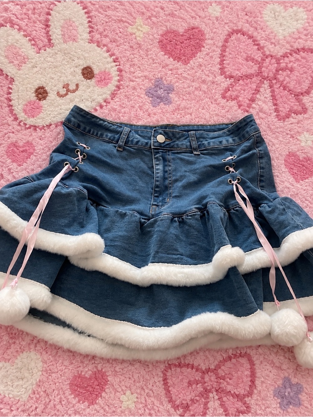 ROMWE Blue Denim Skirt with White Faux Fur Trim and Pink Ribbon Lacing